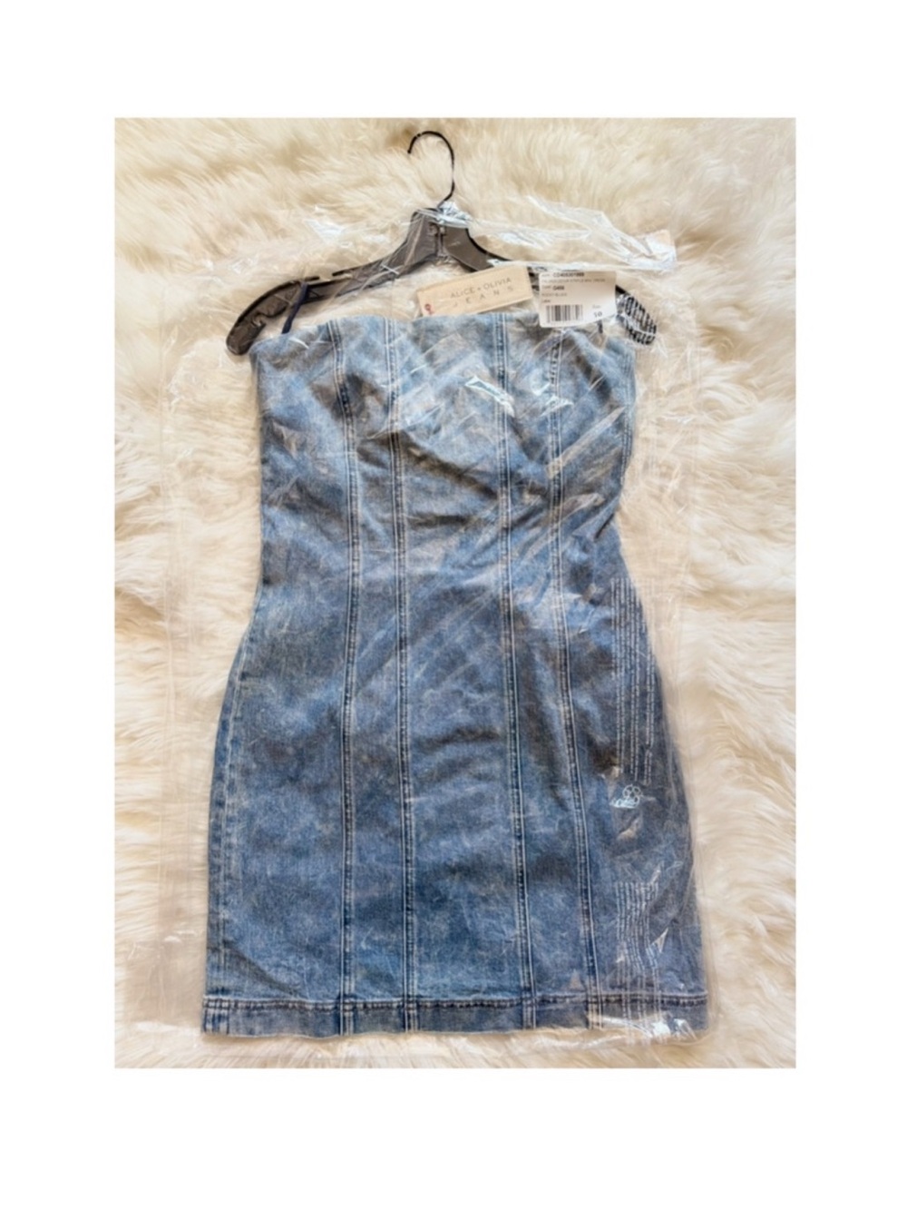 New! Alice + Olivia Palmer Strapless Bodycon Denim Mini Dress - Picture 6 of 11